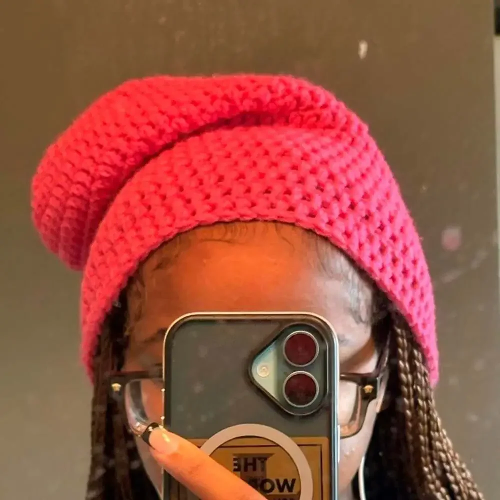 Handmade Crochet Pink Sock Beanie Slouchy Hat